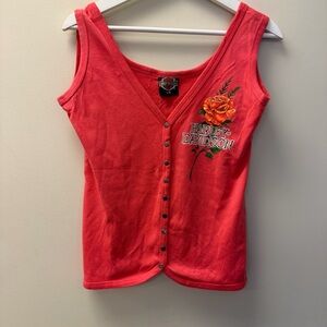 Harley-Davidson Women’s Red Snap-Front Tank Top Rose Embroidery LG Pocasset MA